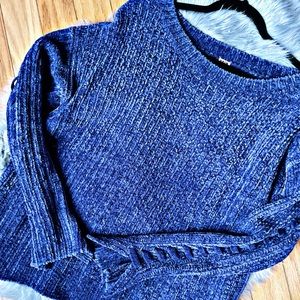 BLUE CHENILLE LACE BACK SWEATER